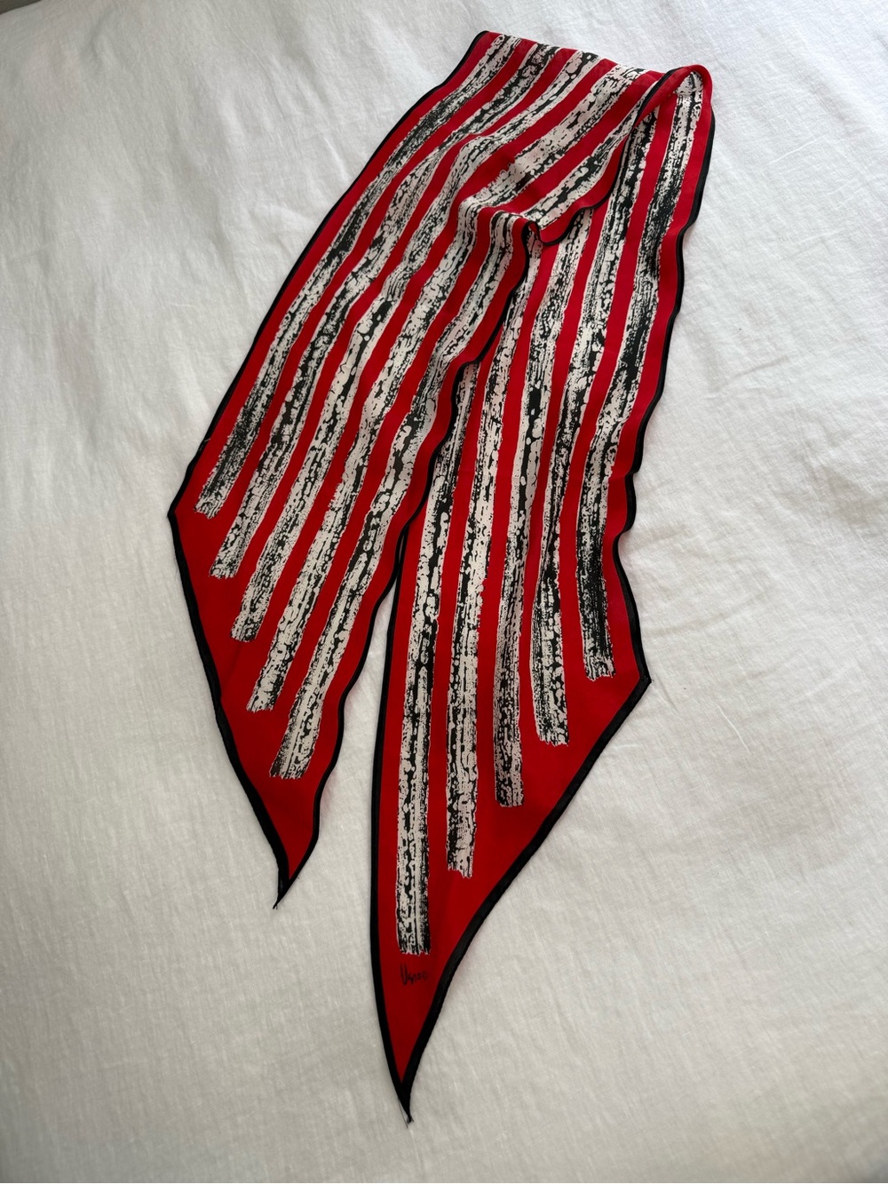 Vintage Vera Neumann Scarf Red Black White Abstract Tree Bark Print Sash Belt